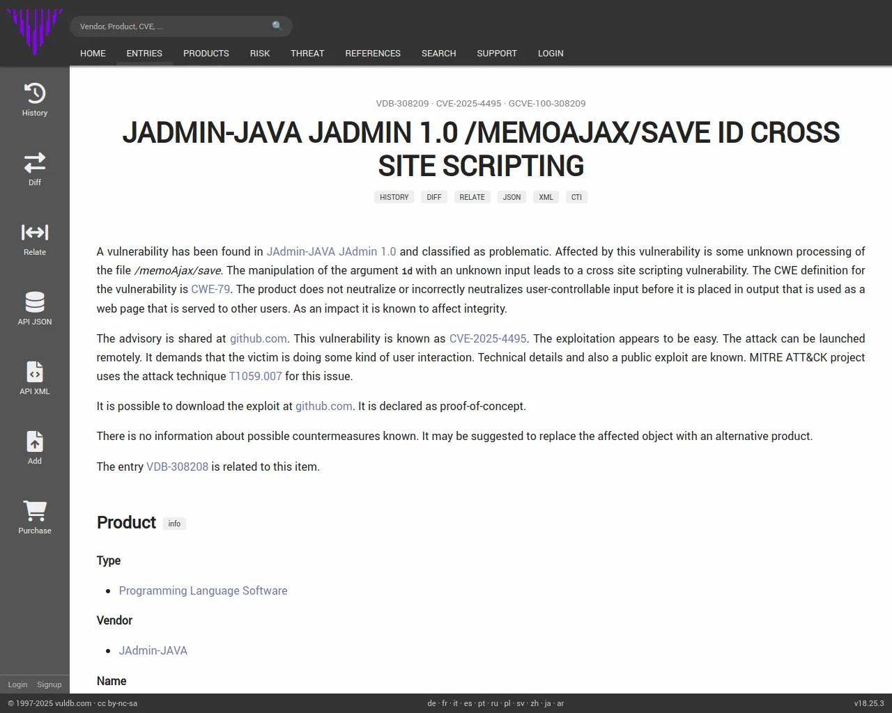 CVE-2025-4495 JAdmin-JAVA JAdmin save cross site scripting
