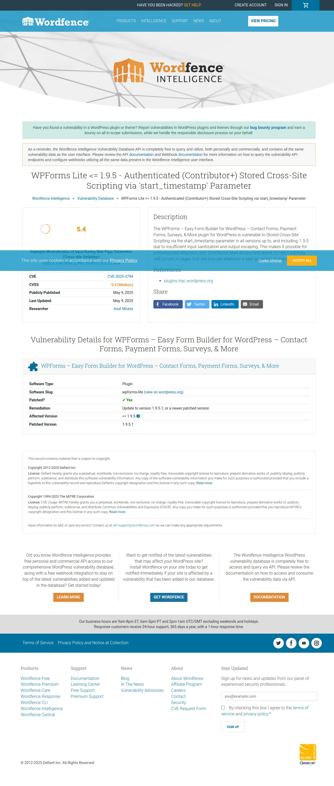 WPForms Lite <= 1.9.5 - Authenticated (Contributor+) Stored Cross-Site Scripting via 'start_timestamp' Parameter