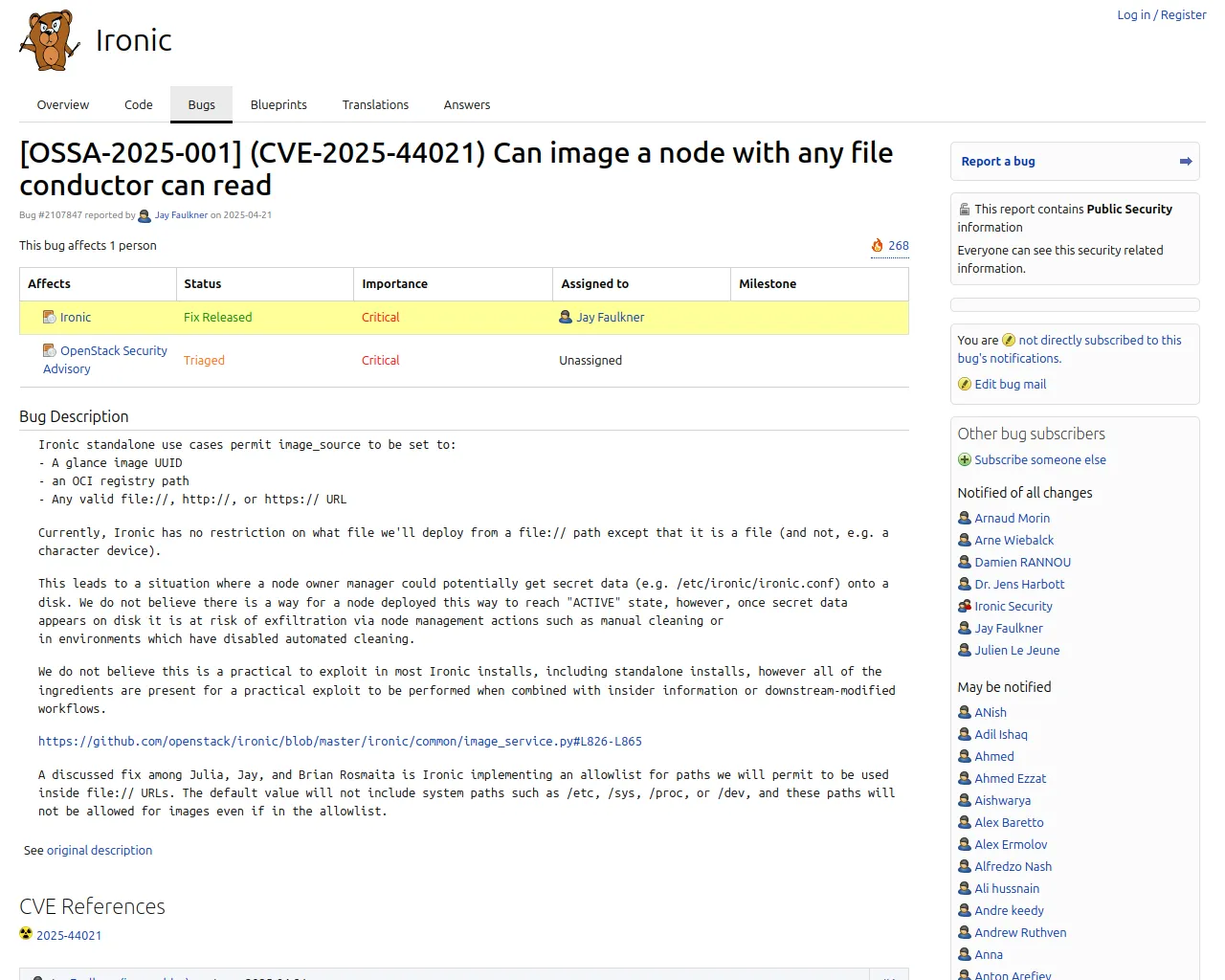 Bug #2107847 “[OSSA-2025-001] (CVE-2025-44021) Can image a node ...” : Bugs : Ironic