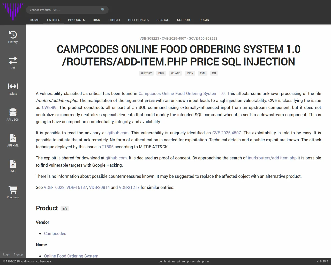 CVE-2025-4507 Campcodes Online Food Ordering System add-item.php sql injection