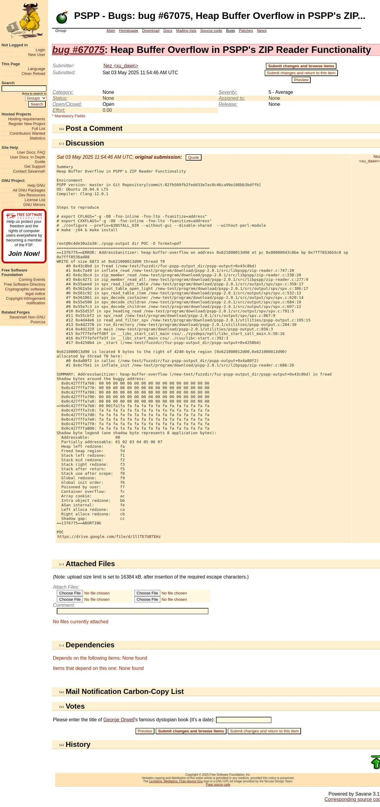PSPP - Bugs: bug #67075, Heap Buffer Overflow in PSPP's ZIP... [Savannah]
