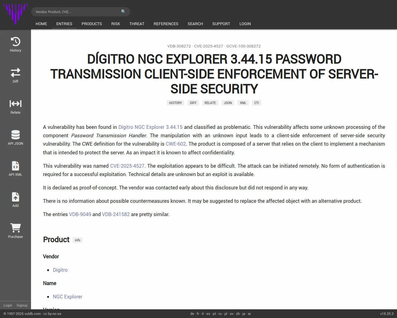 CVE-2025-4527 Dígitro NGC Explorer Password Transmission client-side enforcement of server-side security