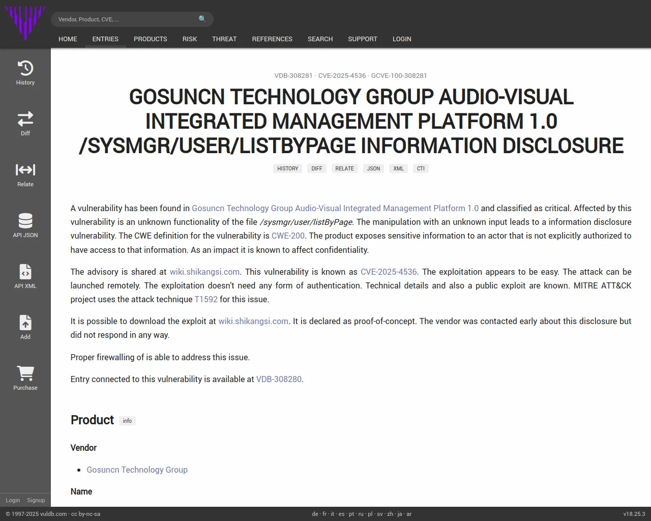 CVE-2025-4536 Gosuncn Technology Group Audio-Visual Integrated Management Platform listByPage information disclosure