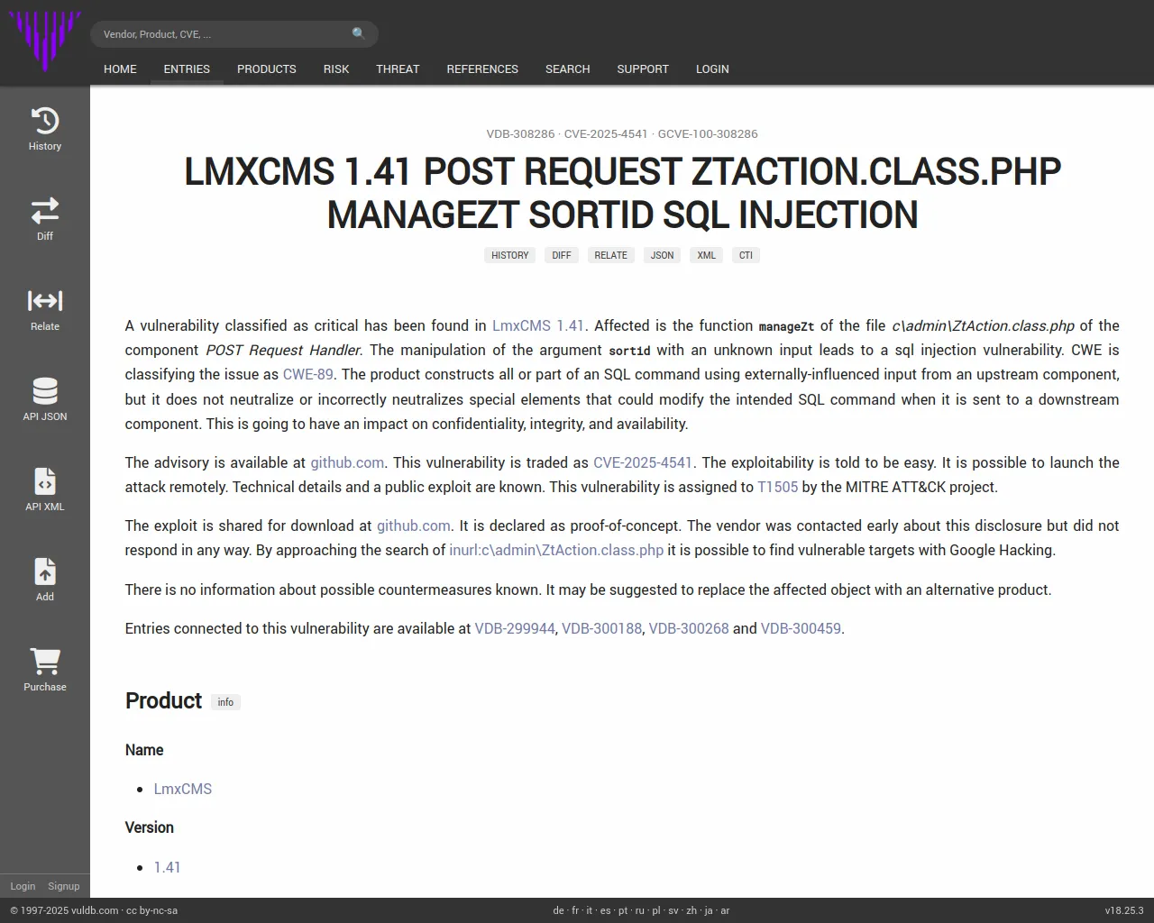 CVE-2025-4541 LmxCMS POST Request ZtAction.class.php manageZt sql injection