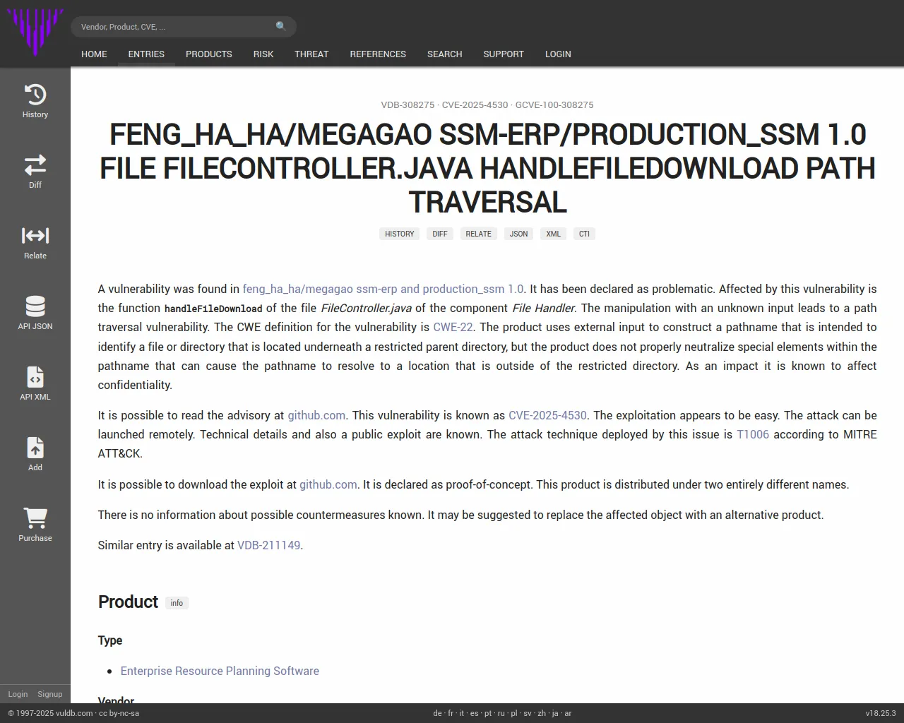 CVE-2025-4530 feng_ha_ha/megagao ssm-erp/production_ssm File FileController.java handleFileDownload path traversal