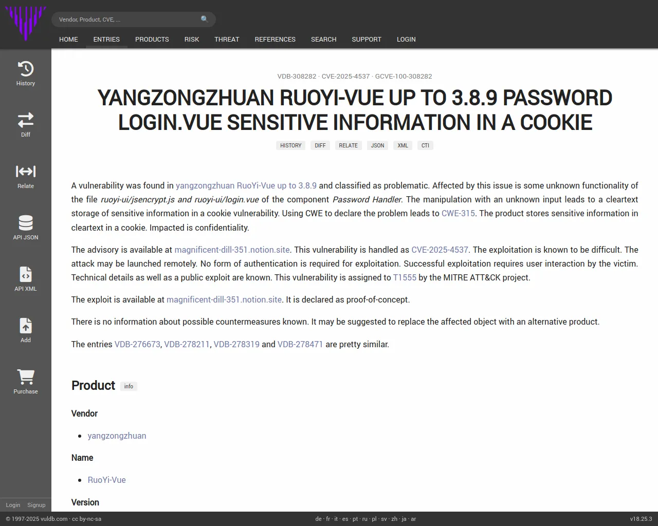 CVE-2025-4537 yangzongzhuan RuoYi-Vue Password login.vue sensitive information in a cookie