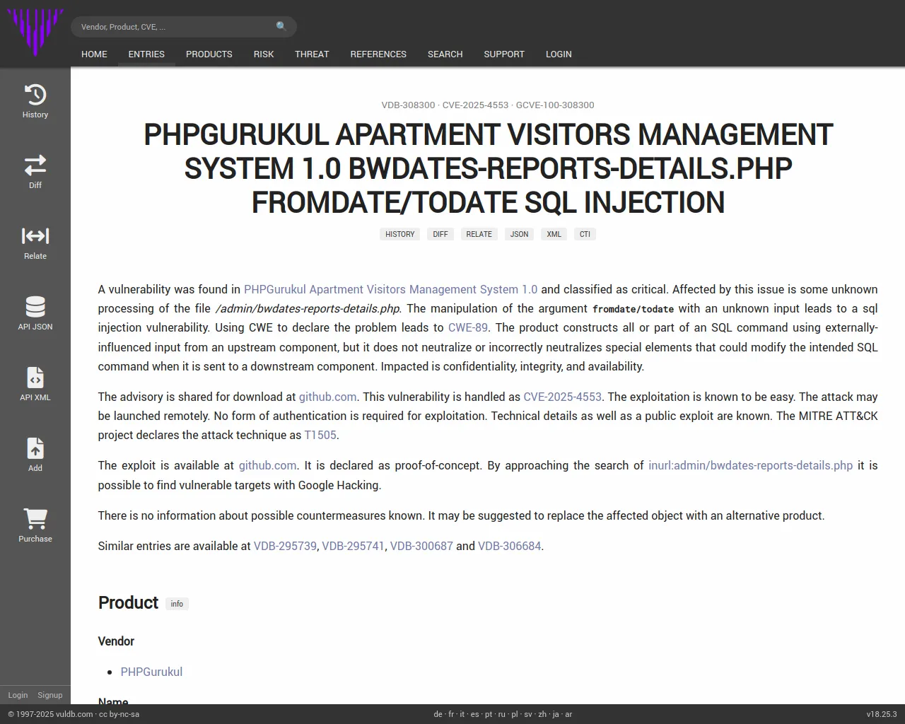 CVE-2025-4553 PHPGurukul Apartment Visitors Management System bwdates-reports-details.php sql injection