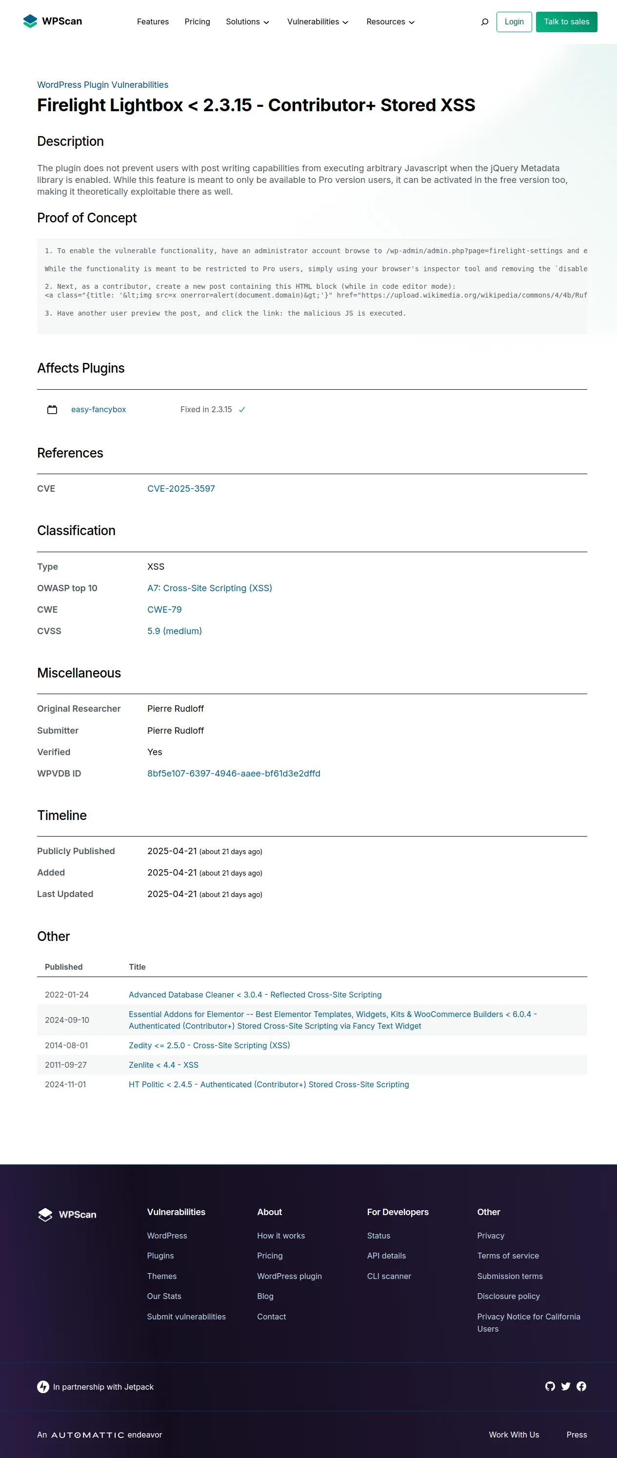 Firelight Lightbox < 2.3.15 – Contributor+ Stored XSS | CVE 2025-3597 | Plugin Vulnerabilities