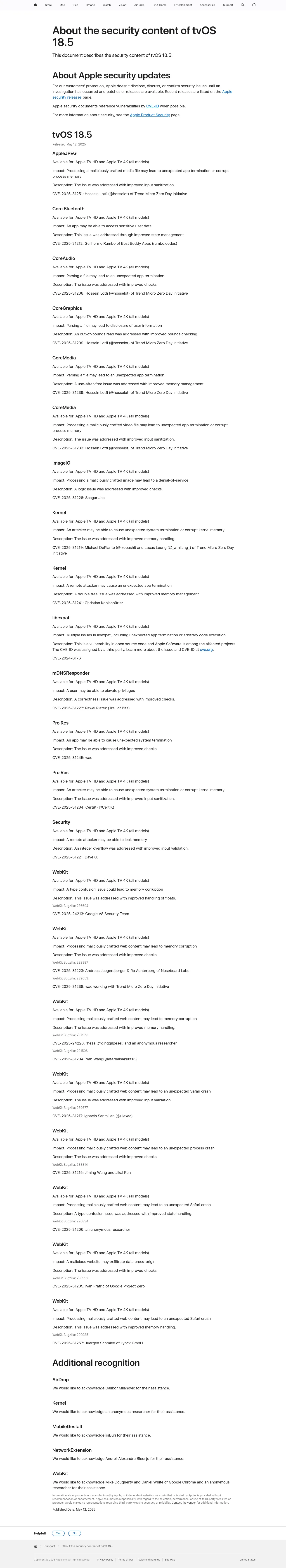 About the security content of tvOS 18.5 - Apple Support