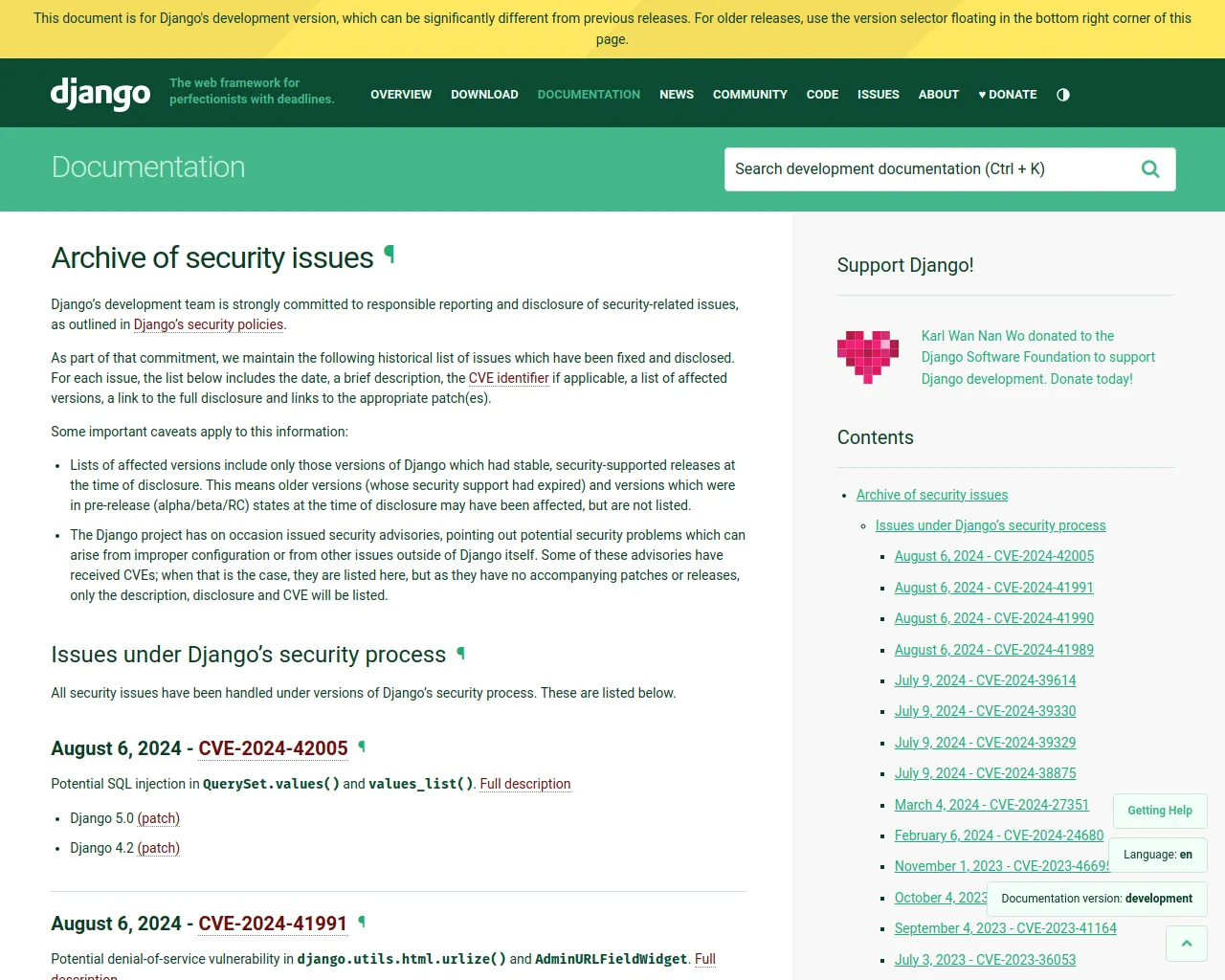 Archive of security issues | Django documentation | Django