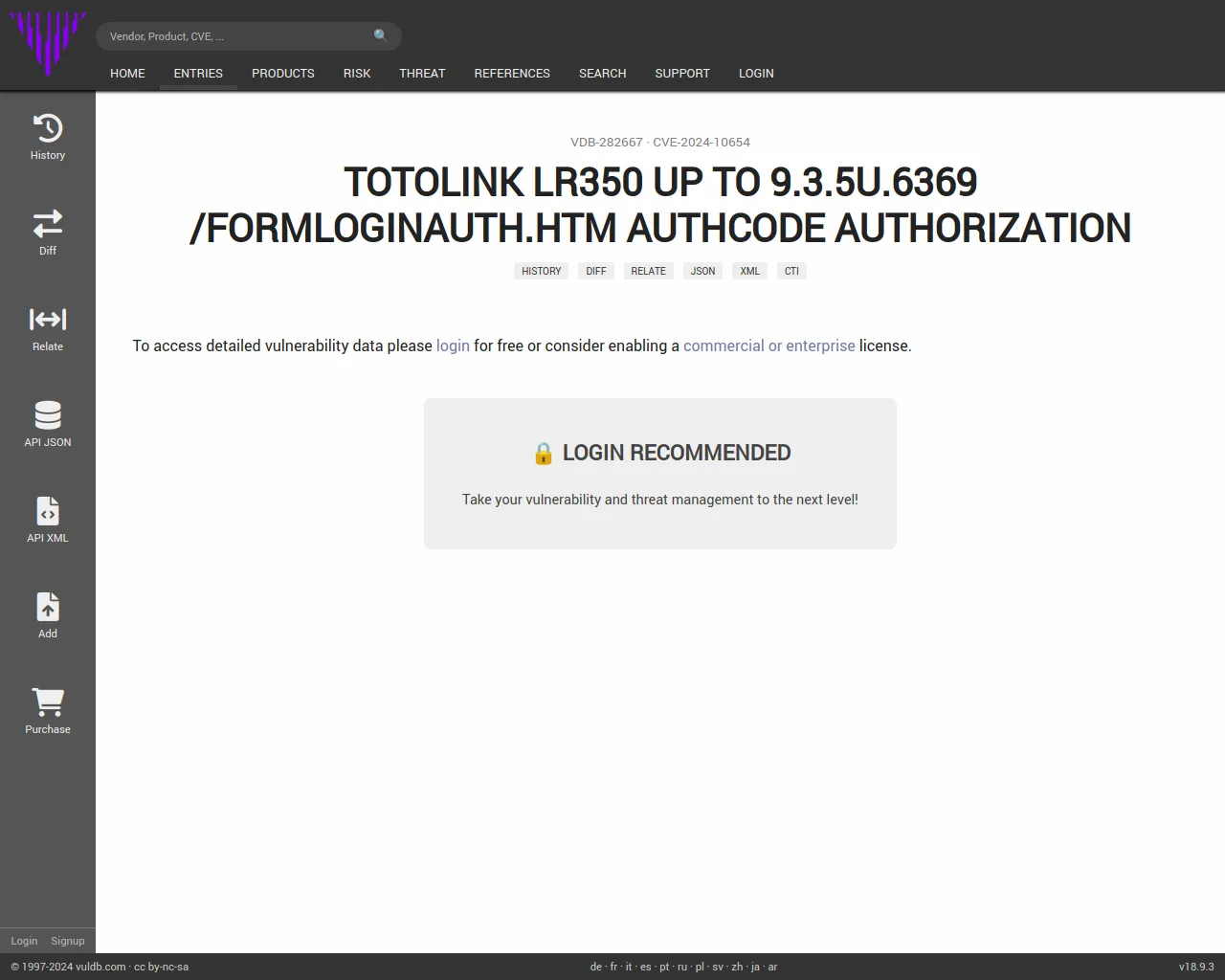 CVE-2024-10654 TOTOLINK LR350 formLoginAuth.htm authorization