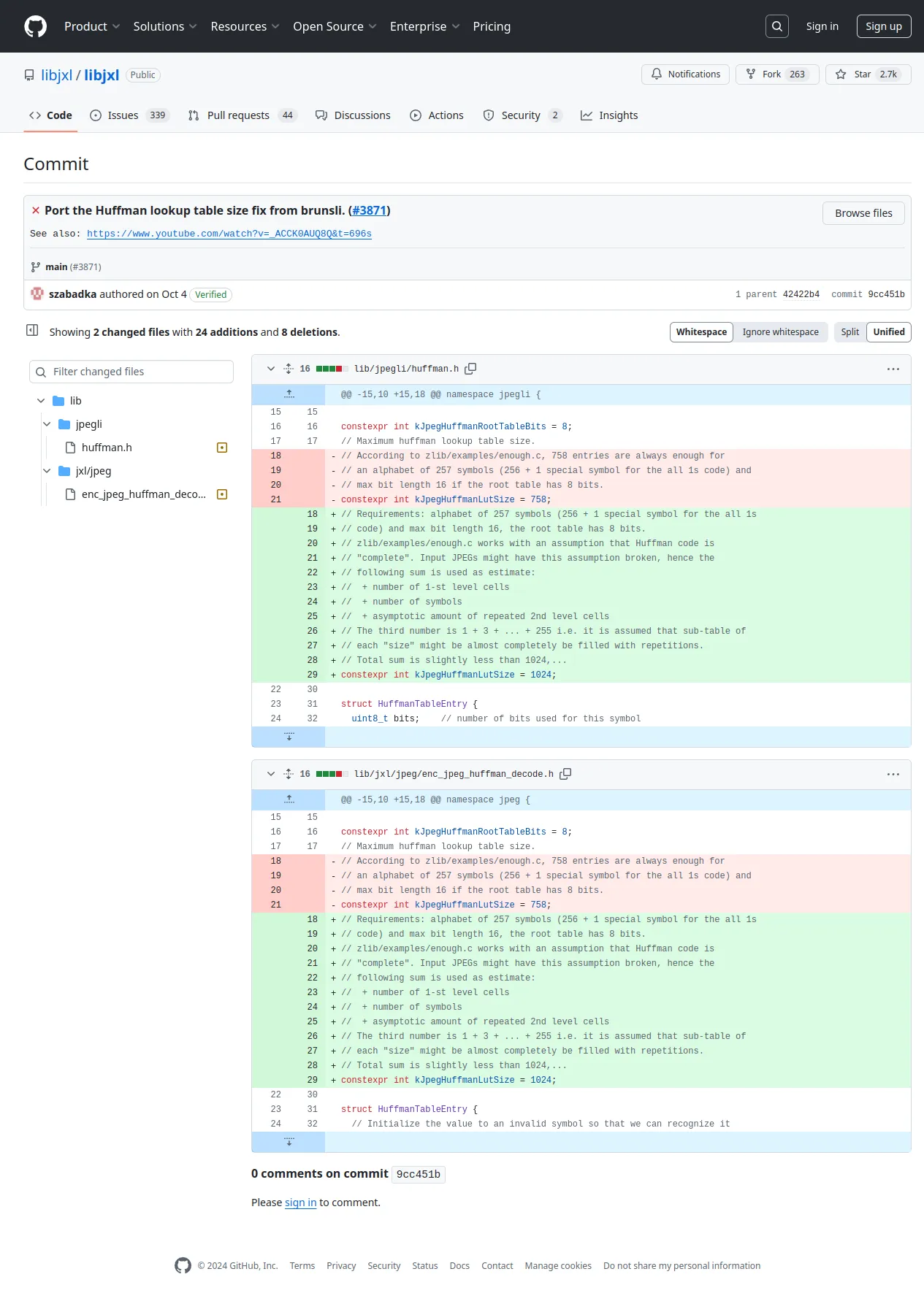 Port the Huffman lookup table size fix from brunsli. (#3871) · libjxl/libjxl@9cc451b · GitHub