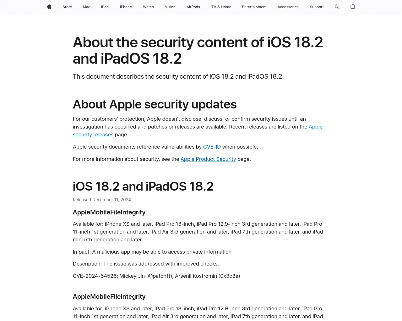 About the security content of iOS 18.2 and iPadOS 18.2 - Apple Support