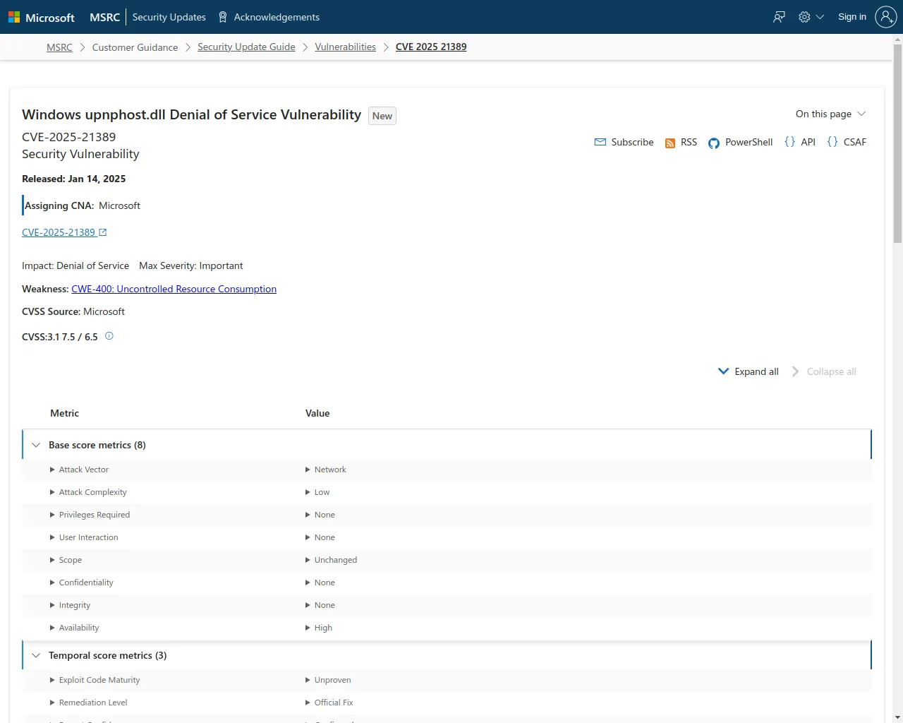 CVE-2025-21389 - Security Update Guide - Microsoft - Windows upnphost.dll Denial of Service Vulnerability