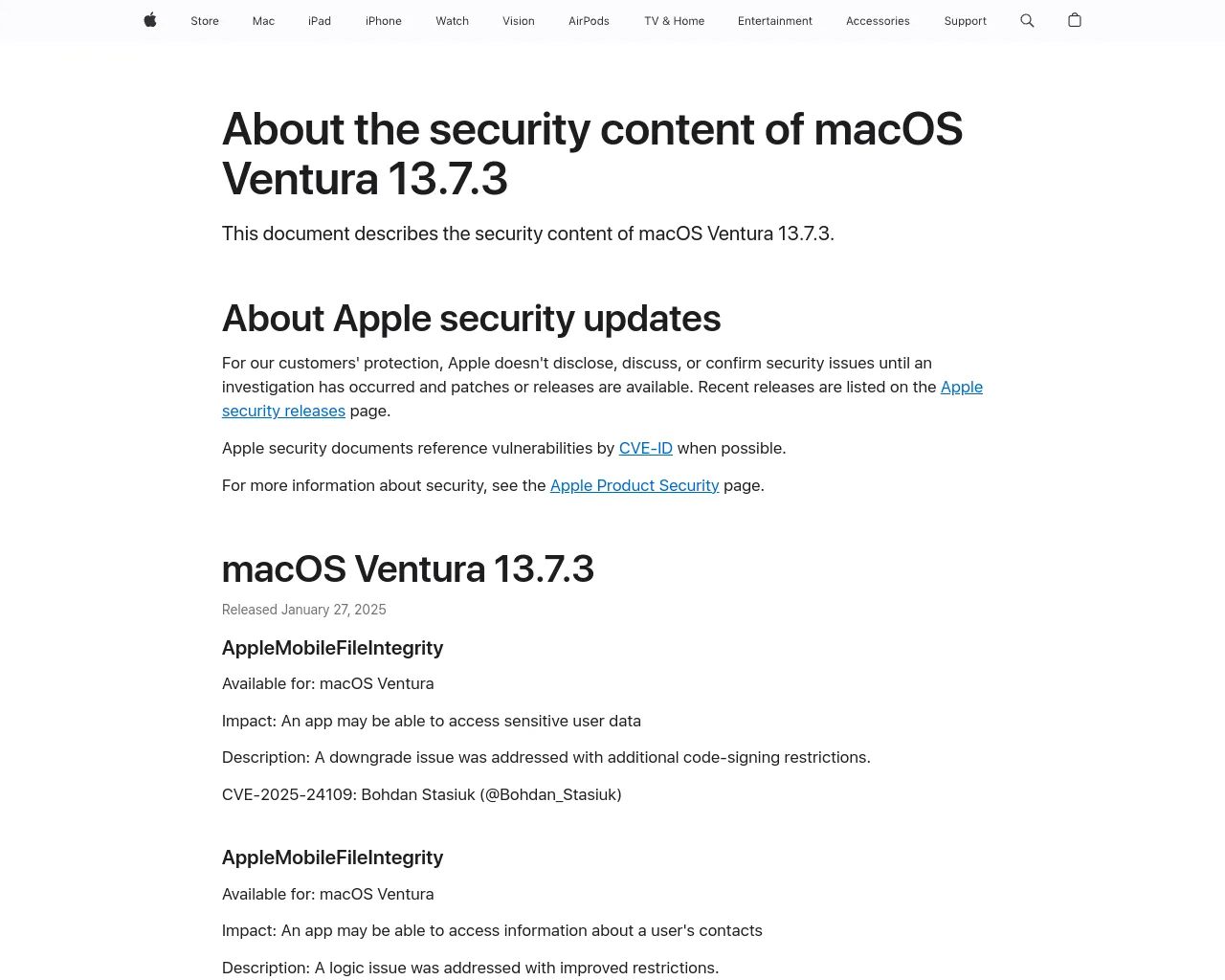 About the security content of macOS Ventura 13.7.3 - Apple Support