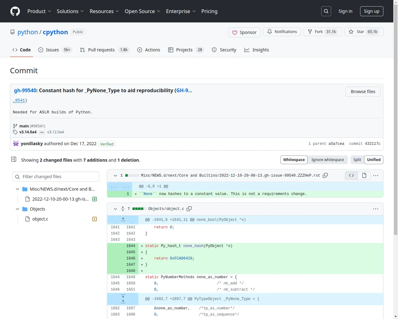 gh-99540: Constant hash for _PyNone_Type to aid reproducibility (GH-9… · python/cpython@432117c · GitHub