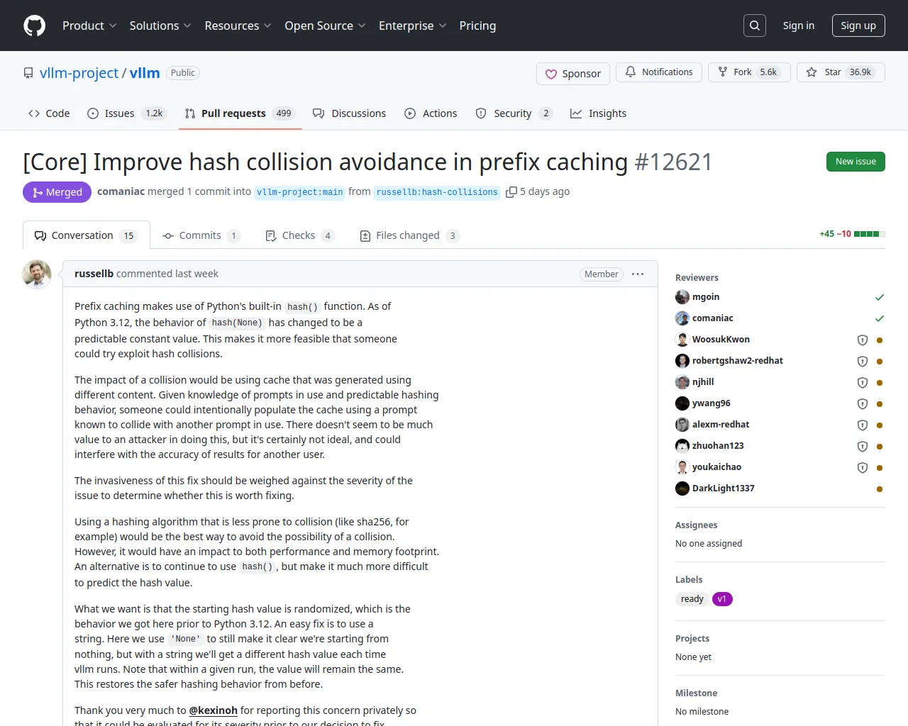 [Core] Improve hash collision avoidance in prefix caching by russellb · Pull Request #12621 · vllm-project/vllm · GitHub