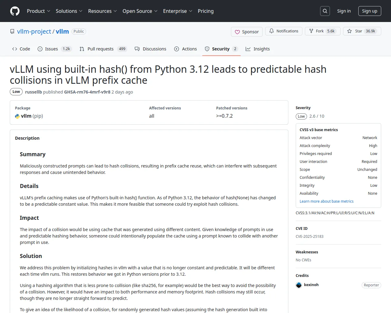 vLLM using built-in hash() from Python 3.12 leads to predictable hash collisions in vLLM prefix cache · Advisory · vllm-project/vllm · GitHub