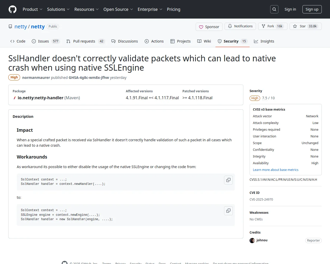 SslHandler doesn't correctly validate packets which can lead to native crash when using native SSLEngine · Advisory · netty/netty · GitHub