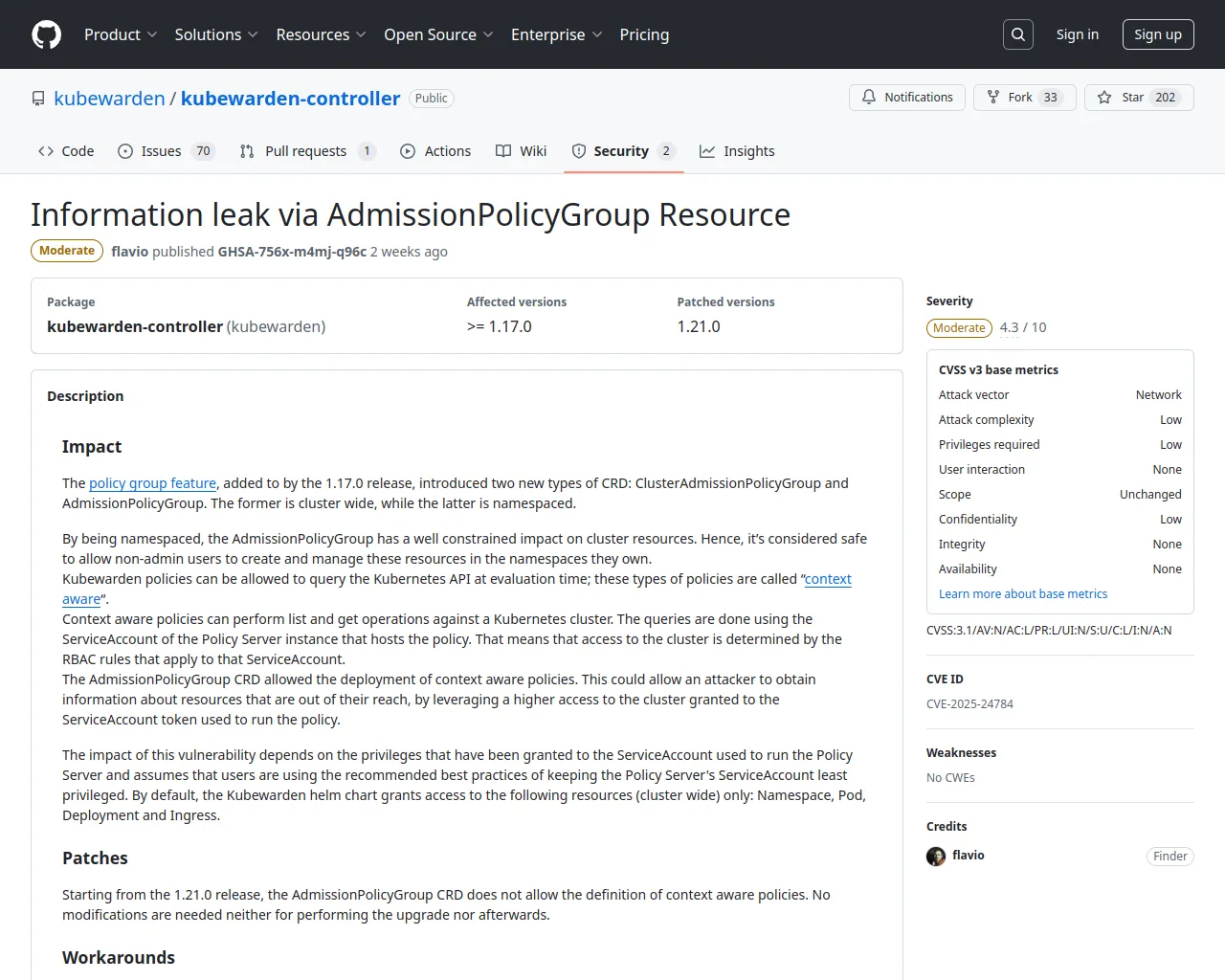 Information leak via AdmissionPolicyGroup Resource · Advisory · kubewarden/kubewarden-controller · GitHub