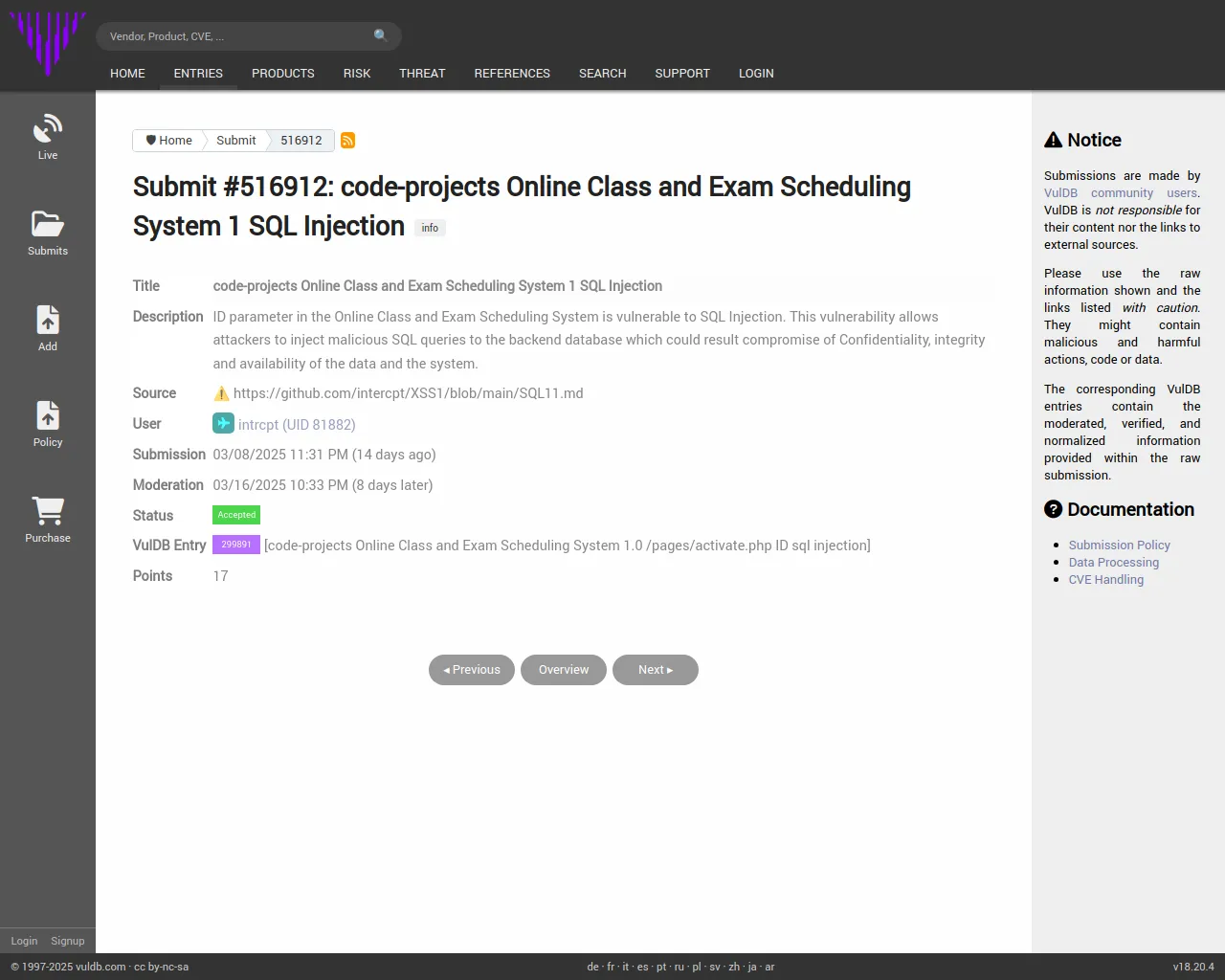 Submit #516912: code-projects Online Class and Exam Scheduling System 1 SQL Injection