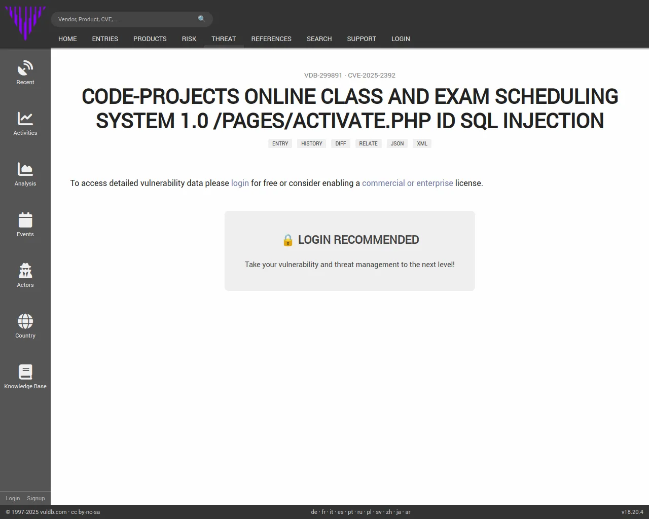 CVE-2025-2392 code-projects Online Class and Exam Scheduling System activate.php sql injection