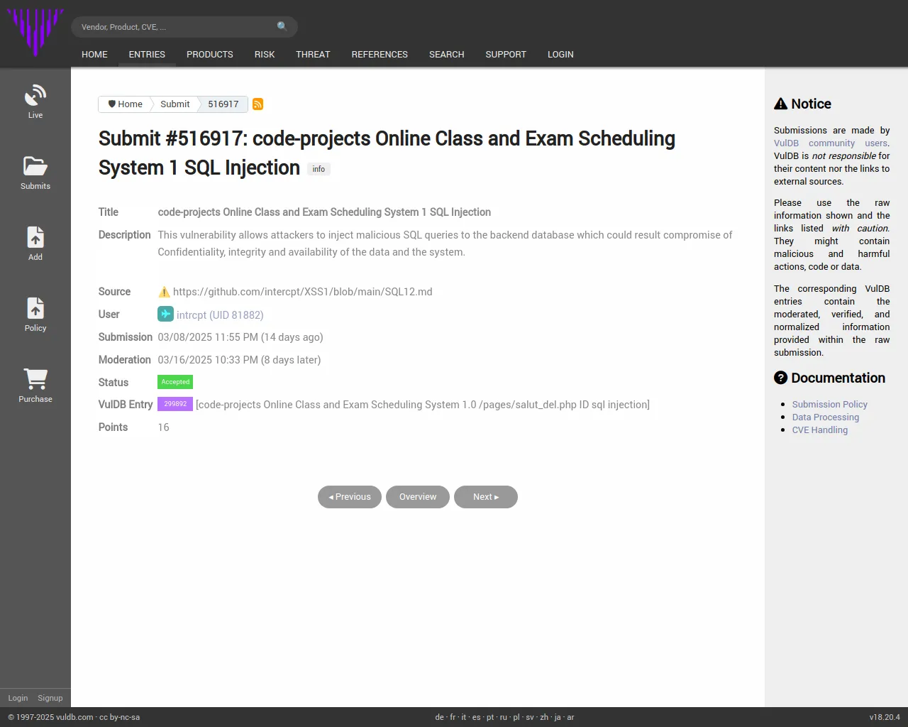 Submit #516917: code-projects Online Class and Exam Scheduling System 1 SQL Injection