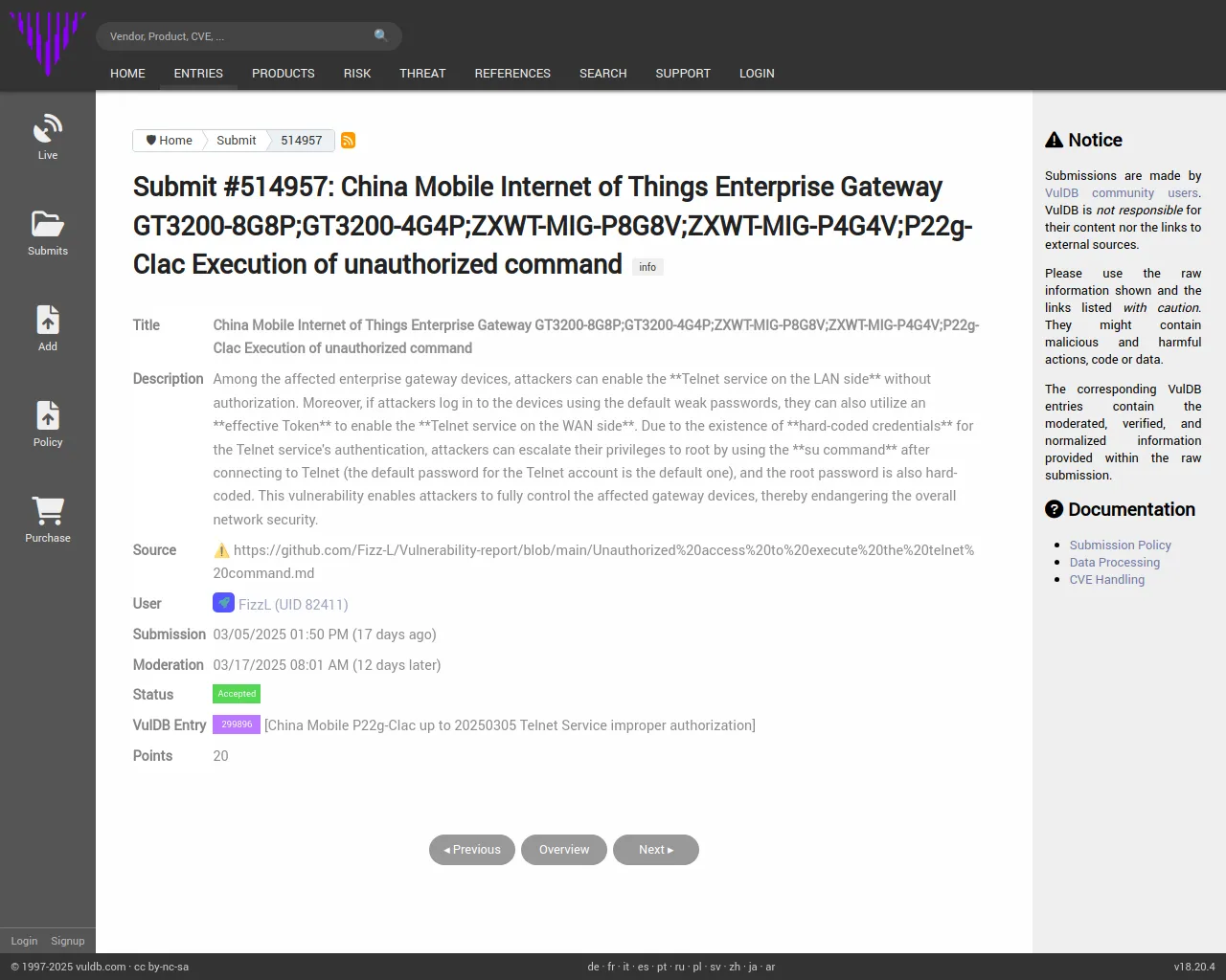 Submit #514957: China Mobile Internet of Things Enterprise Gateway GT3200-8G8P;GT3200-4G4P;ZXWT-MIG-P8G8V;ZXWT-MIG-P4G4V;P22g-CIac Execution of unauthorized command