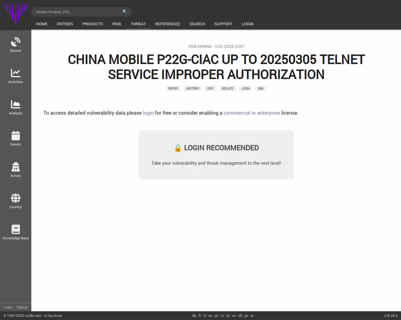 CVE-2025-2397 China Mobile P22g-CIac Telnet Service improper authorization