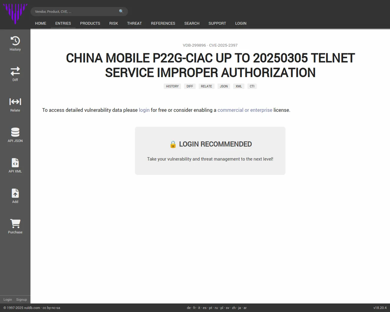 CVE-2025-2397 China Mobile P22g-CIac Telnet Service improper authorization