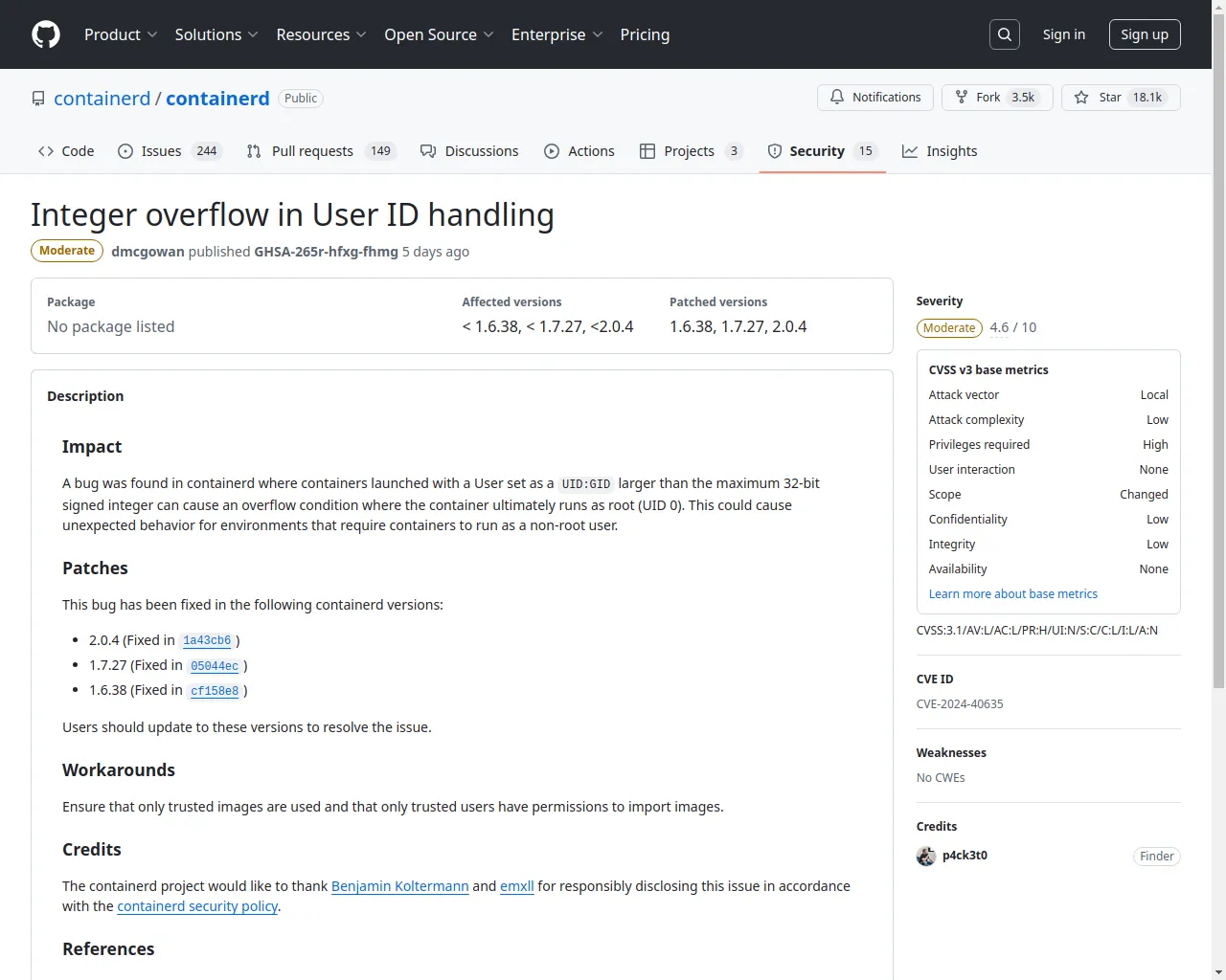 Integer overflow in User ID handling · Advisory · containerd/containerd · GitHub