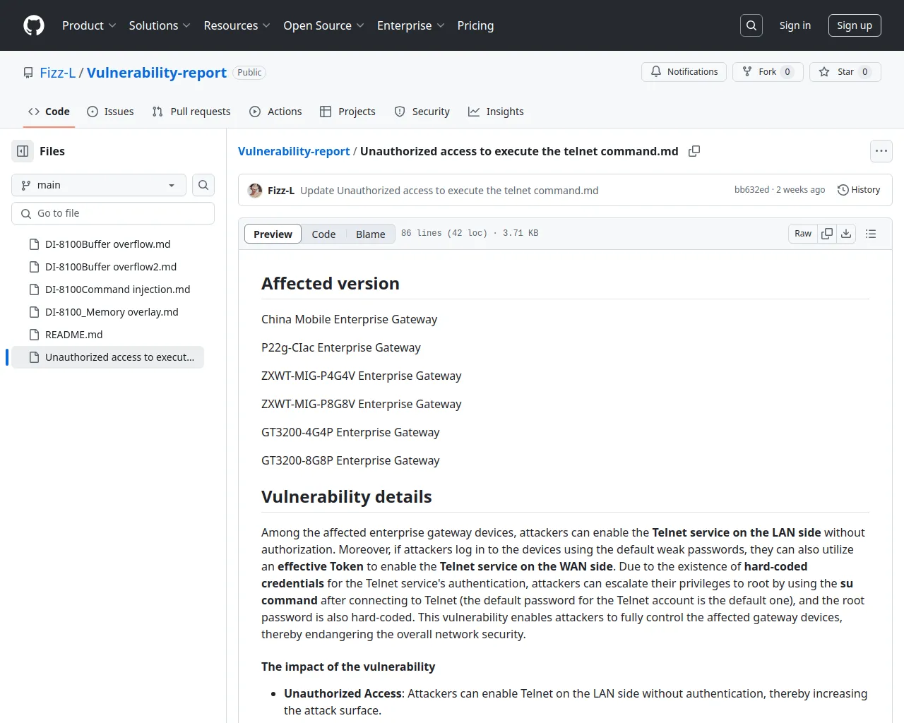 Vulnerability-report/Unauthorized access to execute the telnet command.md at main · Fizz-L/Vulnerability-report · GitHub