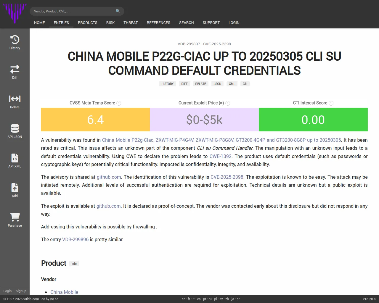 CVE-2025-2398 China Mobile P22g-CIac CLI su Command default credentials