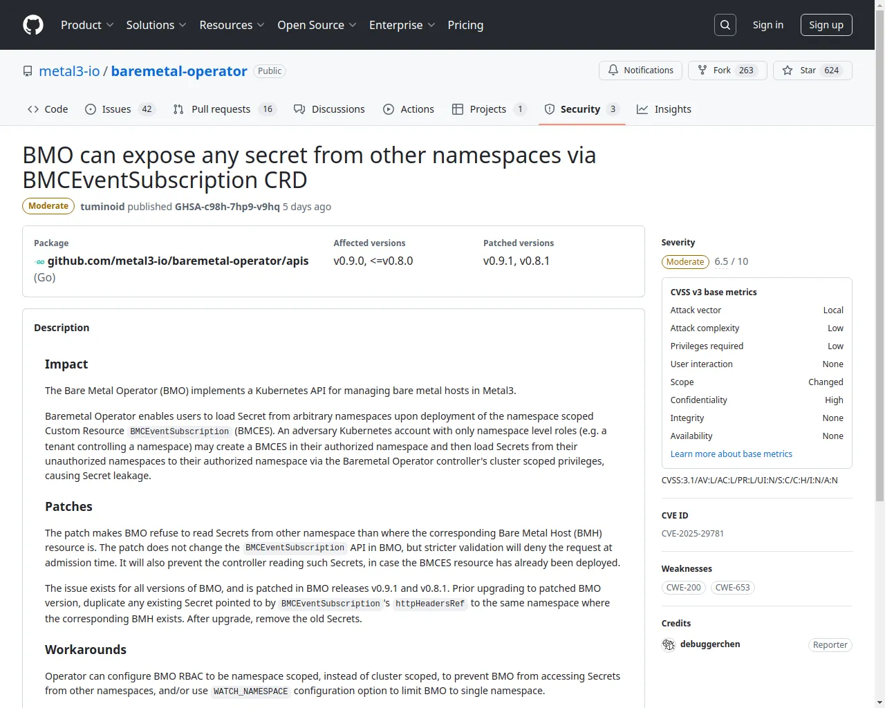 BMO can expose any secret from other namespaces via BMCEventSubscription CRD · Advisory · metal3-io/baremetal-operator · GitHub