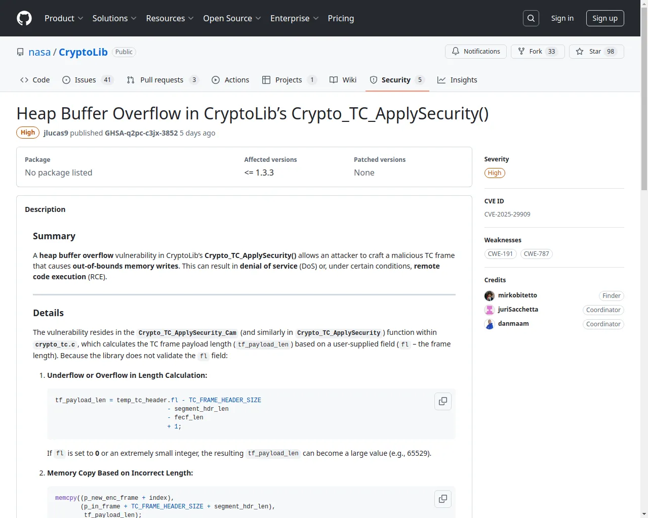 Heap Buffer Overflow in CryptoLib’s Crypto_TC_ApplySecurity() · Advisory · nasa/CryptoLib · GitHub