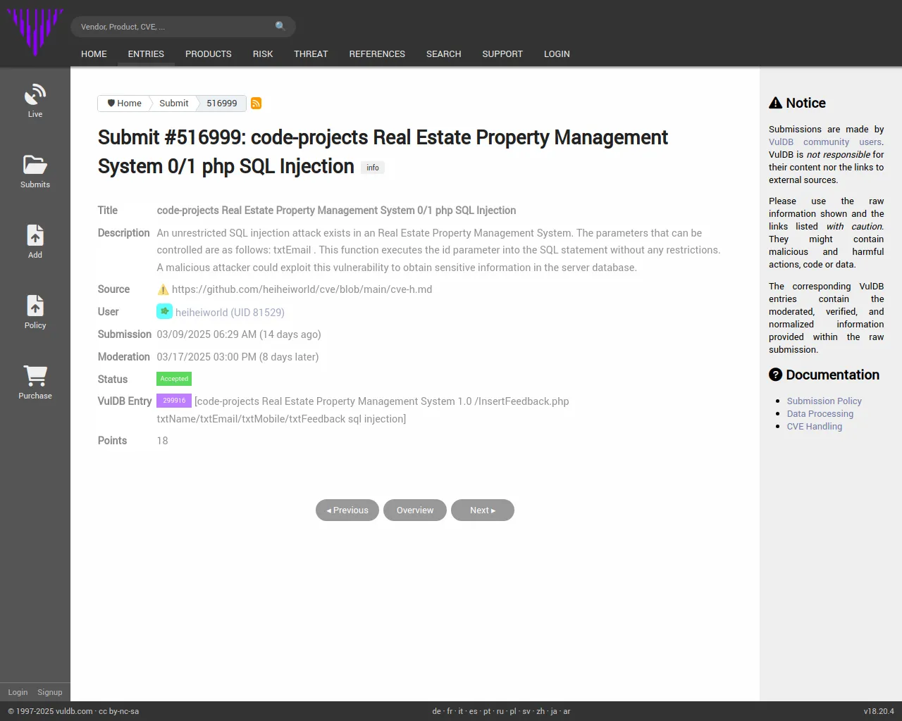 Submit #516999: code-projects Real Estate Property Management System 0/1 php SQL Injection