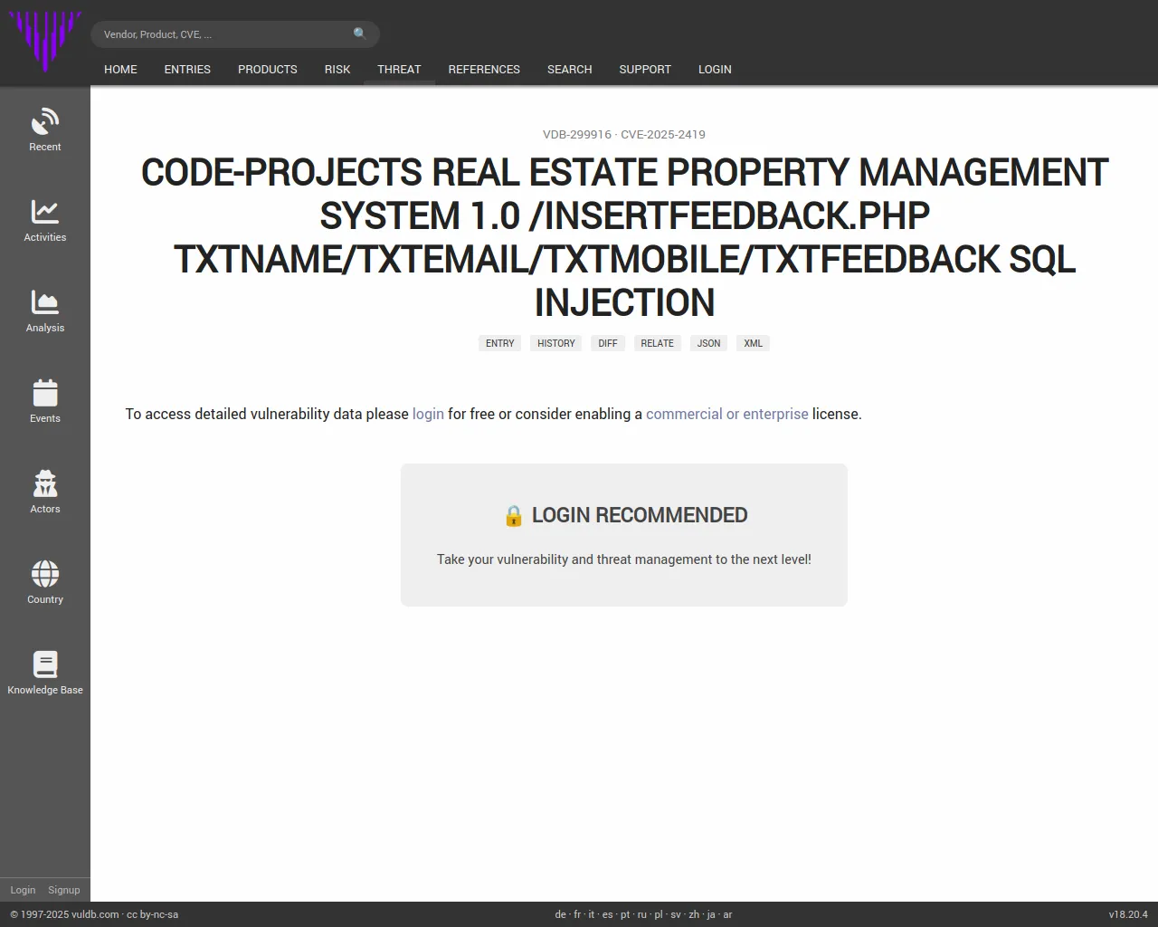 CVE-2025-2419 code-projects Real Estate Property Management System InsertFeedback.php sql injection