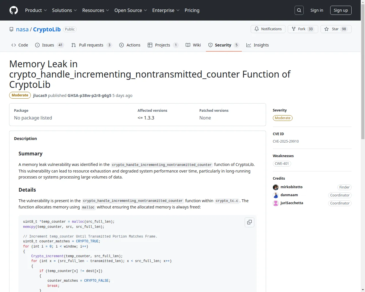 Memory Leak in crypto_handle_incrementing_nontransmitted_counter Function of CryptoLib · Advisory · nasa/CryptoLib · GitHub