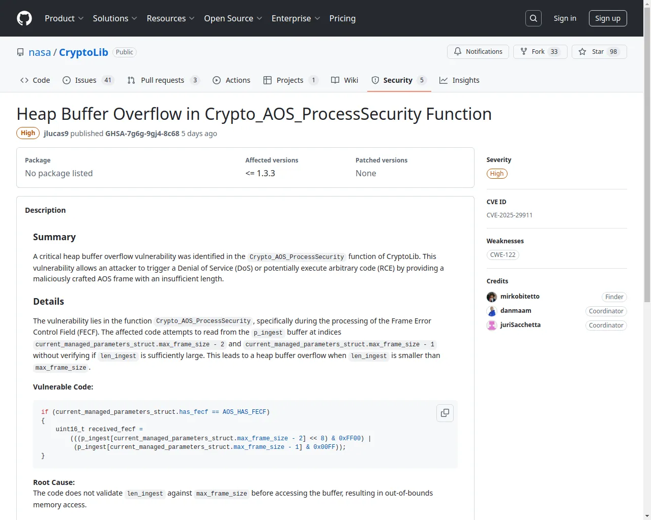 Heap Buffer Overflow in Crypto_AOS_ProcessSecurity Function · Advisory · nasa/CryptoLib · GitHub