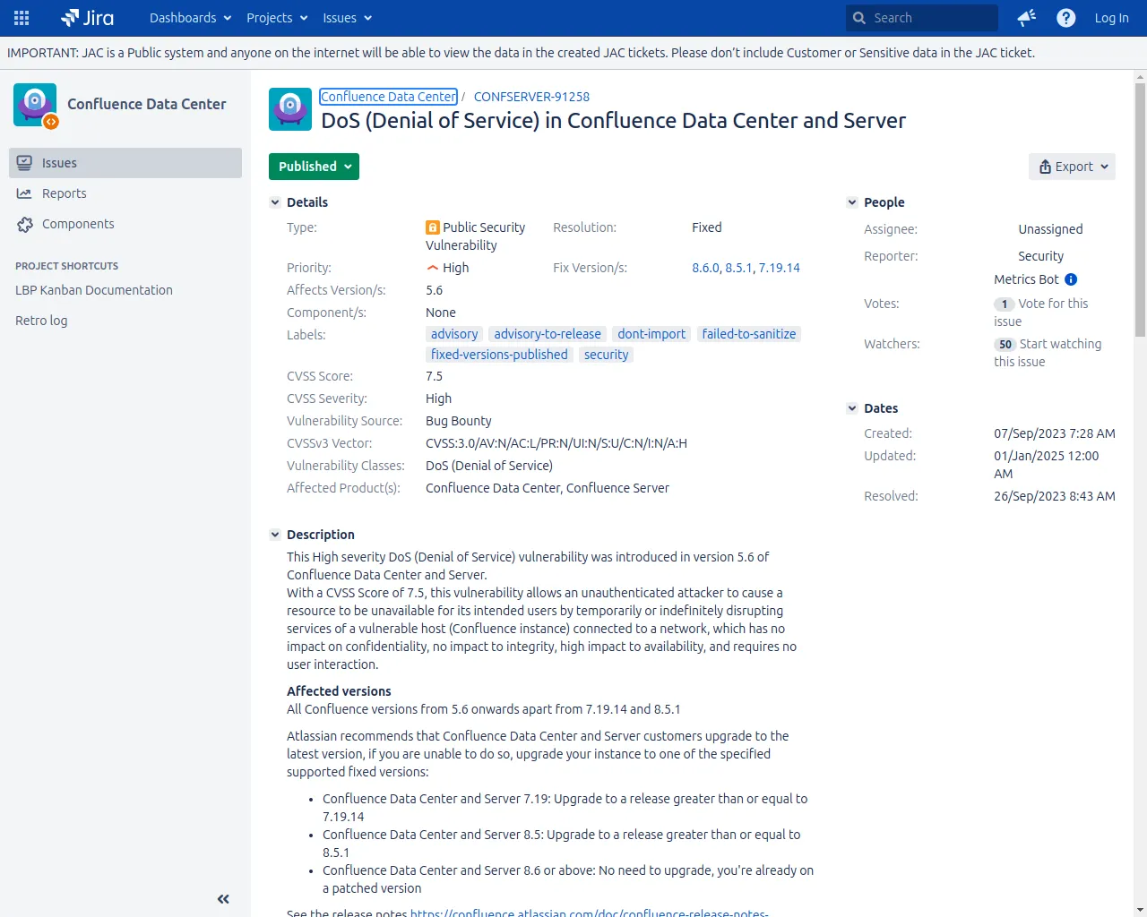 [CONFSERVER-91258] DoS (Denial of Service) in Confluence Data Center and Server - Create and track feature requests for Atlassian products.