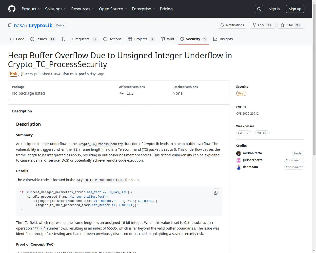 Heap Buffer Overflow Due to Unsigned Integer Underflow in Crypto_TC_ProcessSecurity · Advisory · nasa/CryptoLib · GitHub