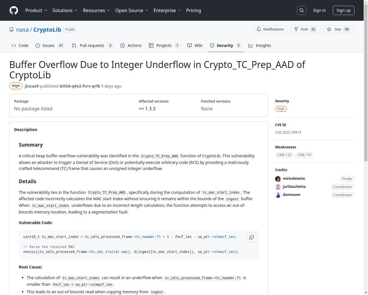Buffer Overflow Due to Integer Underflow in Crypto_TC_Prep_AAD of CryptoLib · Advisory · nasa/CryptoLib · GitHub