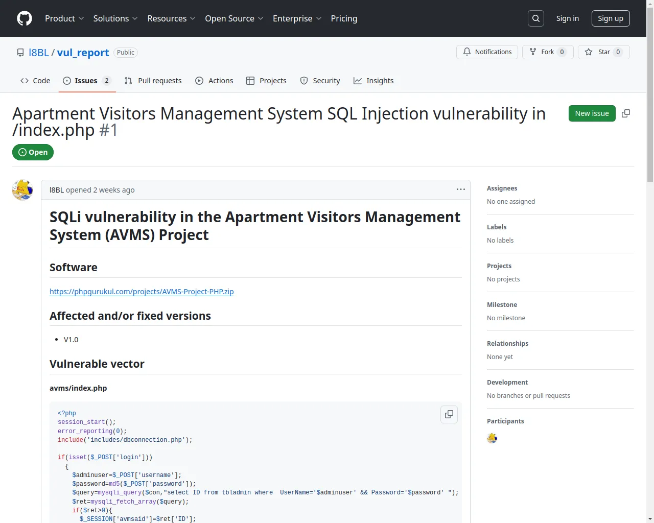 Apartment Visitors Management System SQL Injection vulnerability in /index.php · Issue #1 · l8BL/vul_report