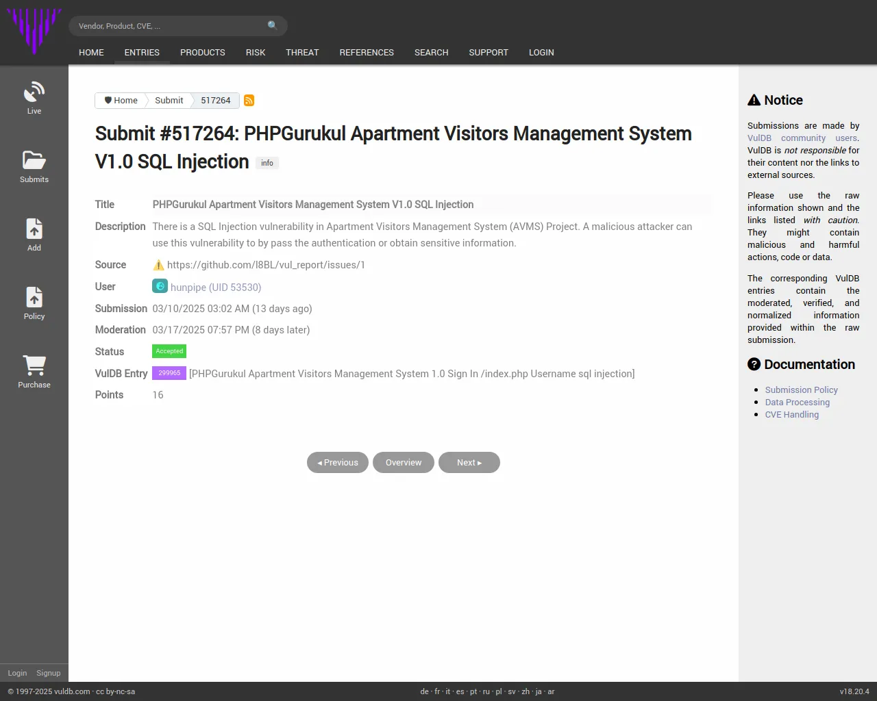Submit #517264: PHPGurukul Apartment Visitors Management System V1.0 SQL Injection